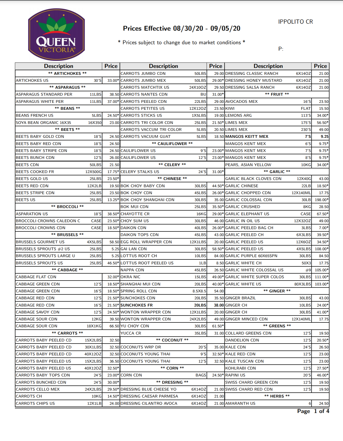 Price sheet